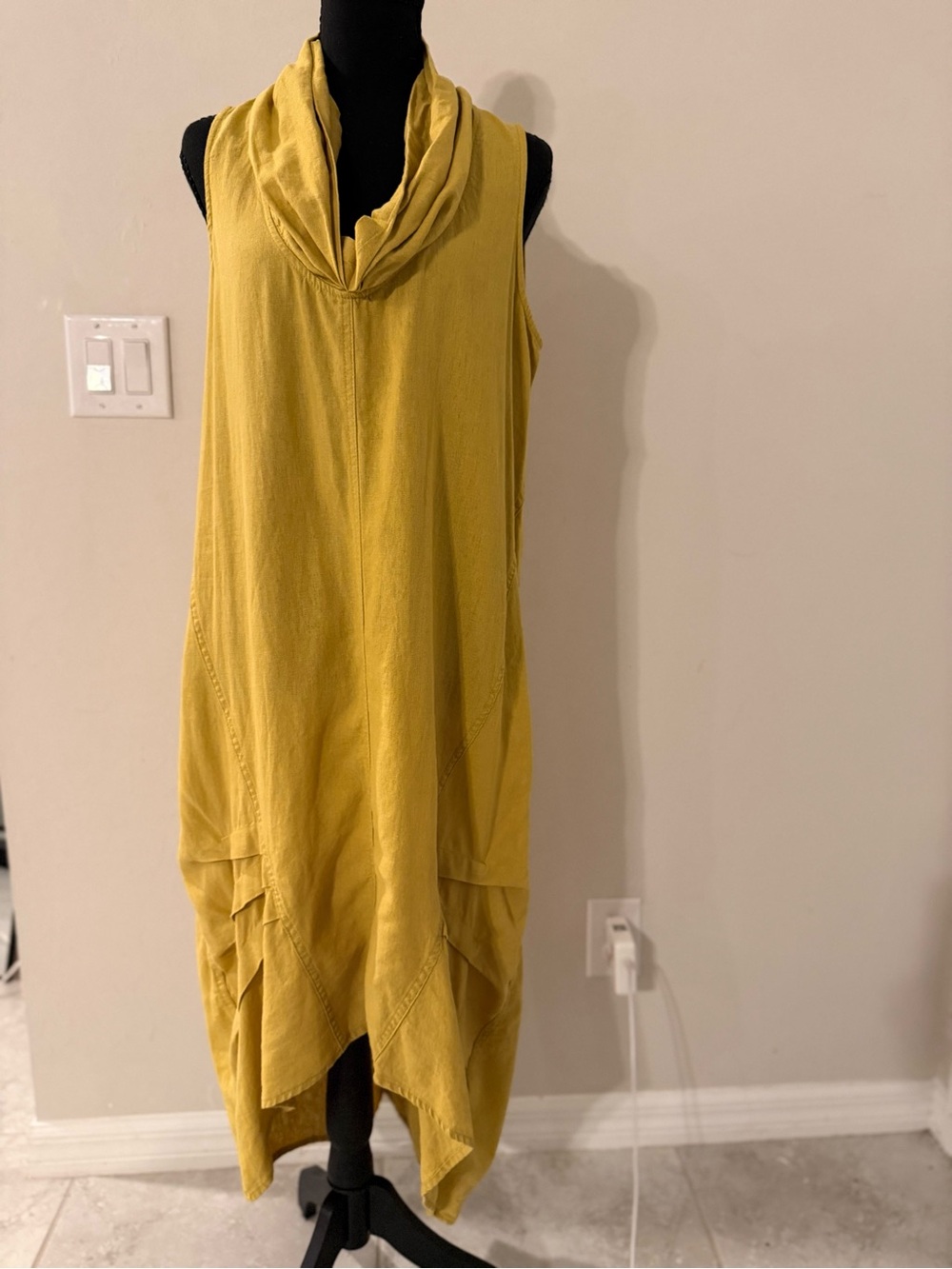 For Cynthia Dress Medium Mustard Cowl Neck Lagenlook Asymmetrical Midi